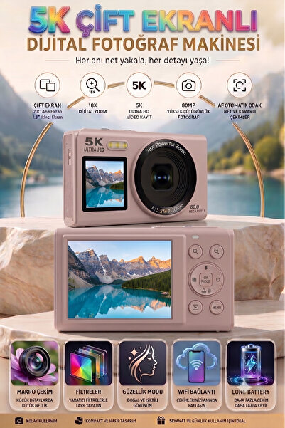 5K дигитална ретро видео камера со двоен екран 80MP / 18X зум / подарок SD картичка / дигитална влог камера