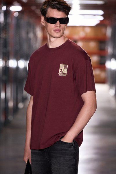 Antonio Men's Printed Detailed 100% Organic Cotton Knitted Oversize Claret Red T-Shirt