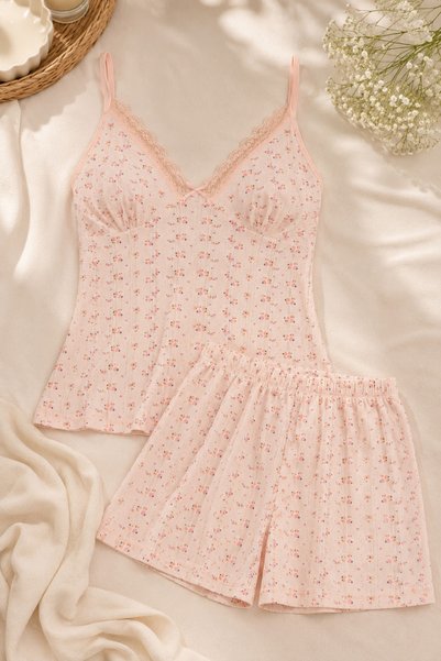 Women's Cotton Cupped Drawstring Strappy Lace Shorts Set