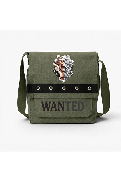 Каки поштарска чанта со принт Wanted и кружни отвори
