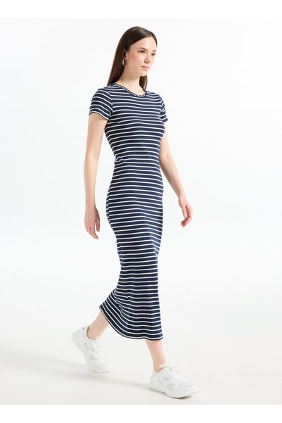 Crew Neck Navy Blue Long Women's Dress Vmsea Ss 7/8 Dress Jrs