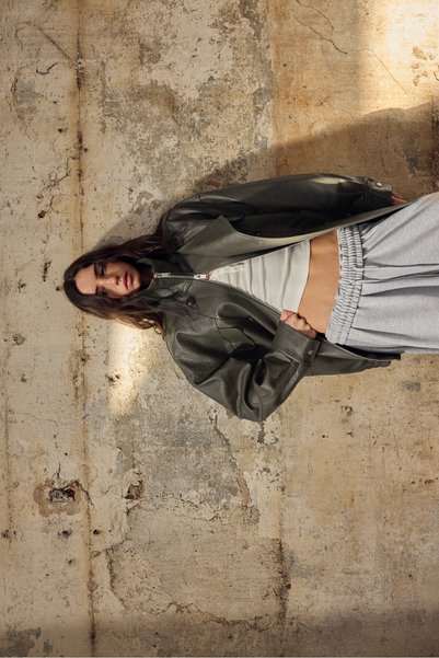 Buttoned Faux Leather Oversized Jacket