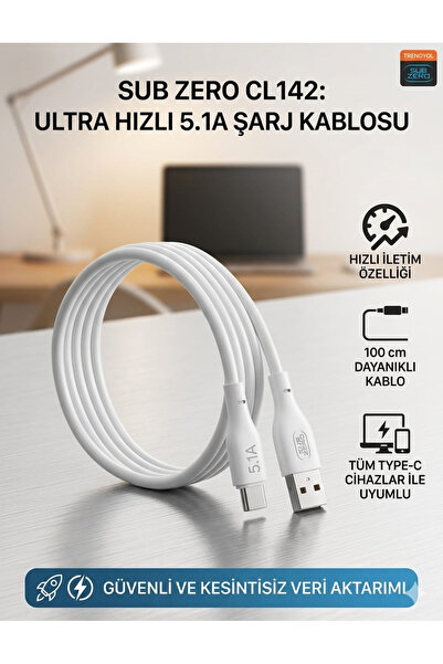 Subzero 5.1A Type-C ултра брз кабел за полнење 1 метар издржлив кабел компатибилен со iPhone Android