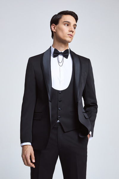 Ds Damat Slim Fit Black Dobby Tuxedo Suit with Vest