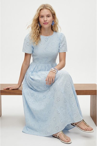 Women's Blair Scallop Embroidered Lined Short Sleeve Long Woven Blue Dress