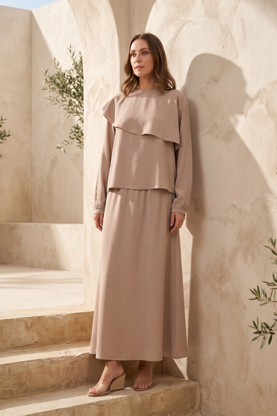Modal Suit with Ruffle Detail Skirt on the Front 1088 Sand Beige