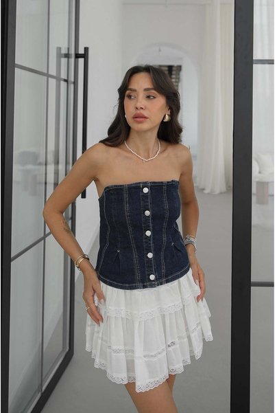 Navy Blue Buttoned Front Strapless Denim Blouse