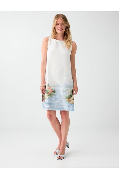 Off-White Round Neck Sleeveless Patterned Short Dress