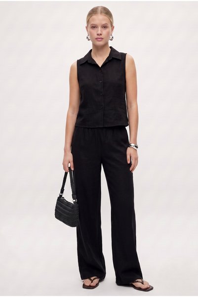 Women's Alfie Zero Sleeve Shirt Elastic Waist Pants Woven Black Bottom Top Set