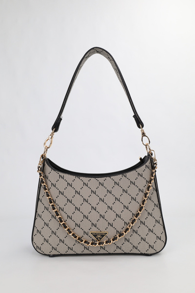 Women's Premium Zippered Patterned Mink-Black Belt Strap Chain Detailed Hand Shoulder Crossbody Bag Alba