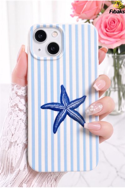 For iPhone 13/14/15 Case Blue Starfish Pattern Stripes Velvety Soft Touch Silicone Phone Case |   Camera Protected, Shock-Absorbing Premium Cover