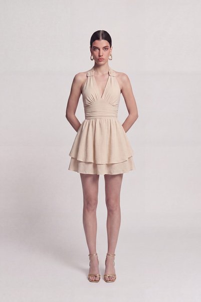 Halter Neck Flared Marilyn Dress Beige