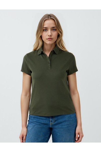 Khaki Straight Cut Shirt Collar Short Sleeve Knitted T-Shirt