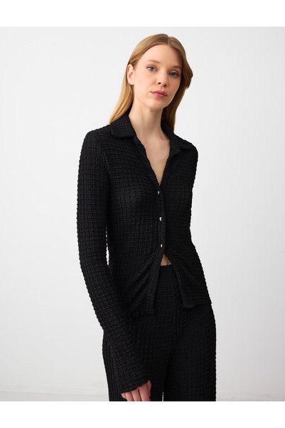Black Slim Fit Shirt Collar Long Sleeve Knitted Blouse