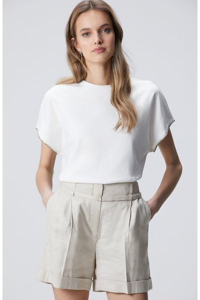 Off-White T-Shirt with Stone Detail on the Sleeve