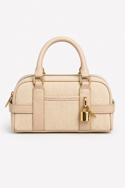 Cream Women's Mini Hand & Shoulder Bag – Canvas Textured, Stylish Lock Detail, Daily and Special Use