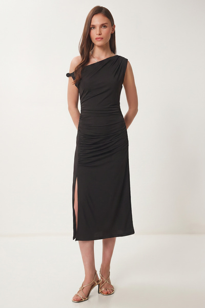 Drawstring Summer Sandy Knitted Dress Lfw0021 Black