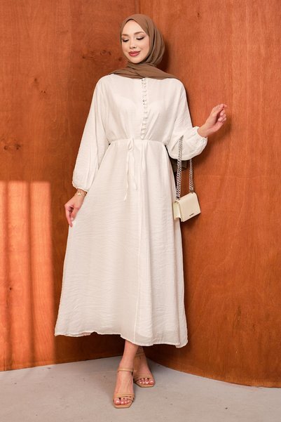 Ecru Lined Buttoned Waist Tie Dress