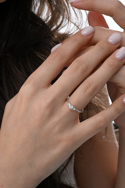 925 Sterling Silver Ring White Gold Rhodium Zircon Stone Tria Model Ring