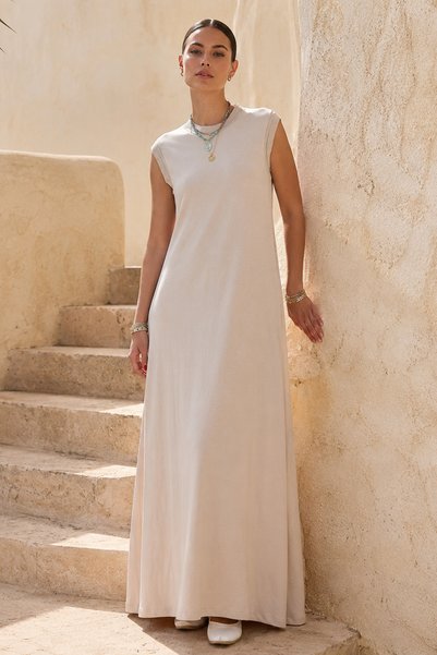 Ribana Detailed Zero Sleeve Long Combed Cotton Dress 13274 Beige