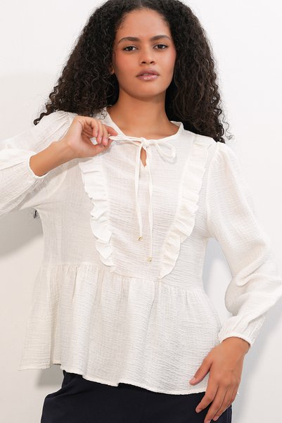Women's Ruffled Lace-Up Blouse 999 - White
