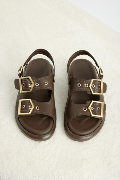 Women's Brown Rubber Sole Double-Striped Buckle Detailed Sandals