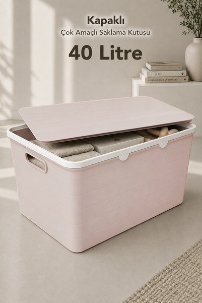 40Lt Decorative Storage Box - Bathroom Kitchen Organizer with Lid, Closet Organizer Pink