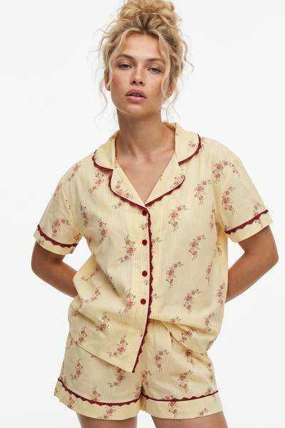 Yellow Floral Print Thin Soft Knitted Buttoned Lace Trim Shorts Pajama Set 8062