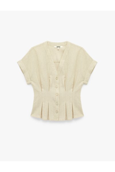 Linen Blend Slim Fit V-Neck Short Sleeve Waist Accent Pleated Striped Shirt