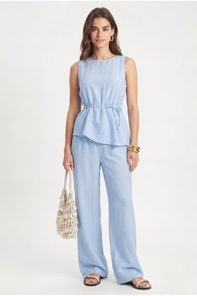 Women's Joe Asymmetrical Blouse Pants Woven Blue Bottom Top Set
