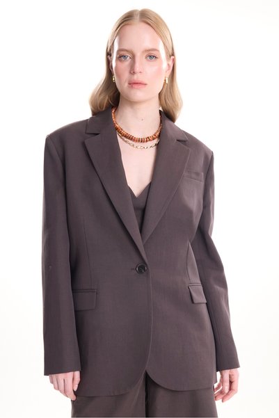 Brown Linen Blend Oversize Mono Closure Blazer