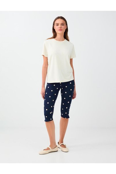 Navy Blue Polka Dot Patterned Capri Leggings with Slit Detail