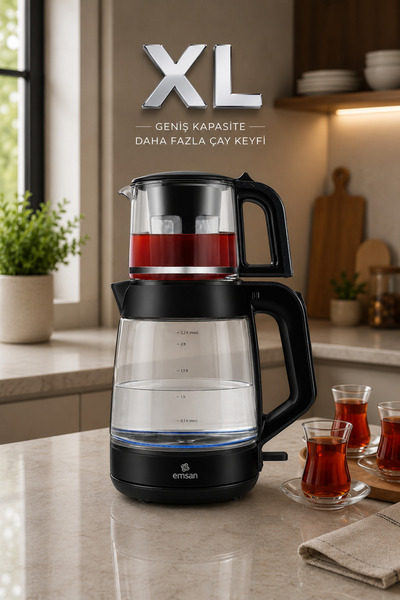 Glass Tea XL 2 во 1 стаклен апарат за чај и чајник, сјајно црн