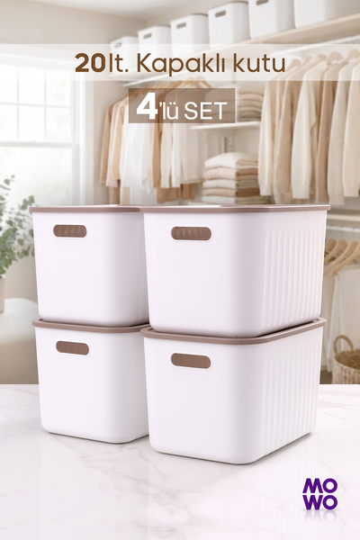 BigBox 20 l комплет од 4 бели организатори за плакар со капак, кутија за складирање, корпа, организатор, кутија за играчки