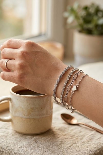 Women's 4-Piece Heart Detailed Silver Color Combination Bracelet Set