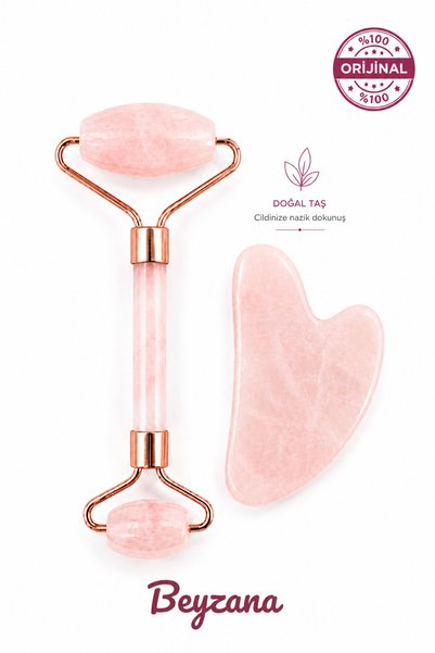 Pink Quartz Roller and Pink Quartz Heart Gua Sha Facial Massage Tool Set