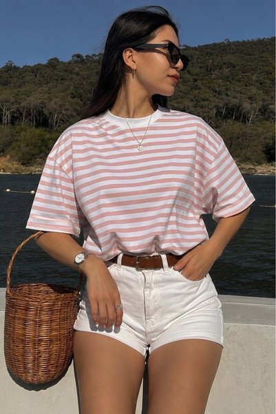Pink Striped Crew Neck T-Shirt Mg1656