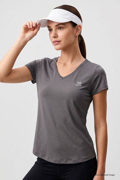 Grey Basic Short Sleeve Standard Fit V-Neck Women's T-Shirt - 97145