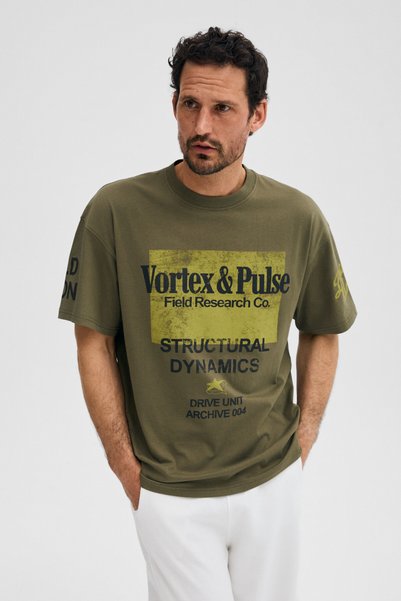 Colina men's 100% organic cotton print detailed regular fit round neck khaki t-shirt