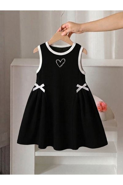 Girl's Black Dress with White Piping, Heart Print and Bow Detail, Summer Dress (Ages 3-12)