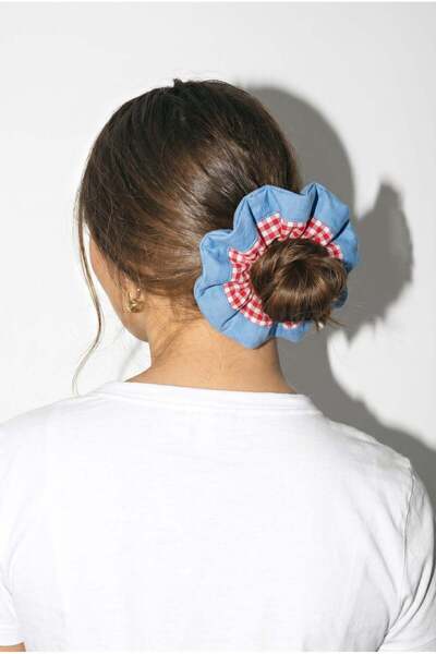 Gingham and light blue scrunchie hair tie