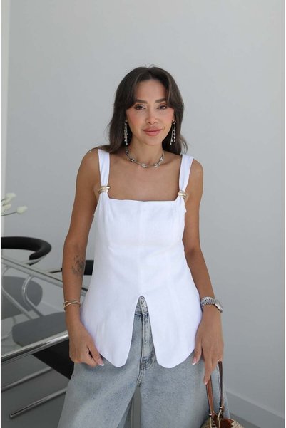 Raw Linen Blouse with White Straps and Accessories