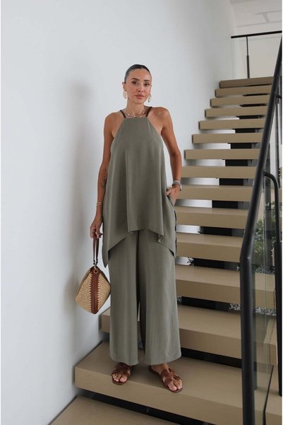 Khaki Leather Strap Jumpsuit with Shawl Detail