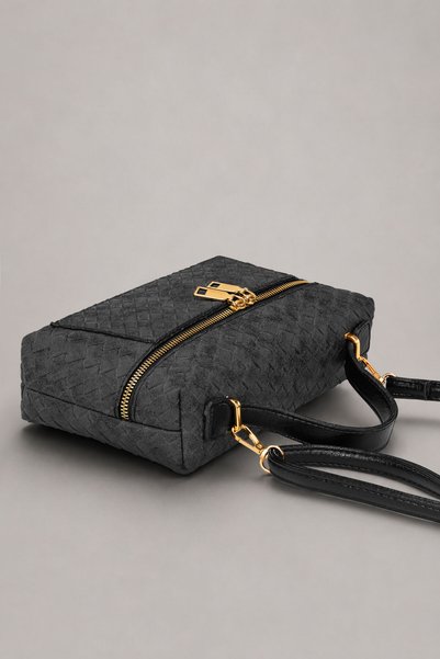 Verona Black Knitted Textured Women's Shoulder and Hand Bag – Gold Metal Detail, Adjustable Long Strap