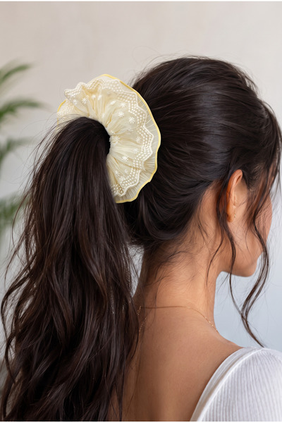 Lace Embroidered Gathered Tulle Elastic Buckle Yellow