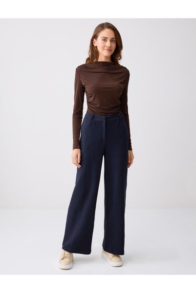 Navy Blue Wide Leg High Waist Knitted Long Trousers