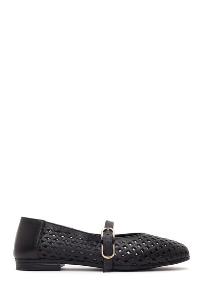 Women's Black Buckle Leather Ballerinas 26Pfd350818