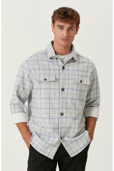 Ecru Blue Plaid Pocket Outer Shirt