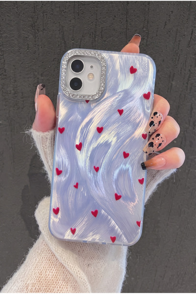 iPhone 12 / 12 Pro Red Heart Phone Case with Stone Camera Frame, Aesthetic Stylish Design Protector