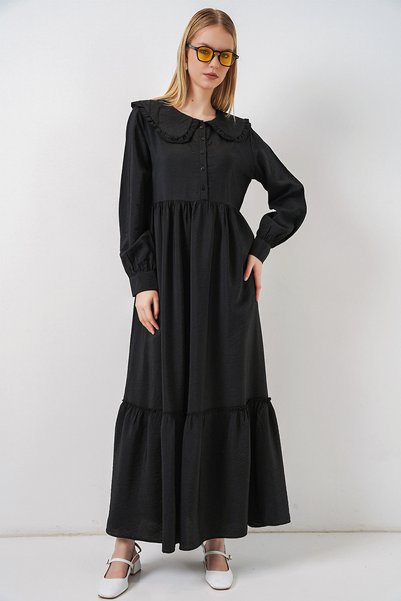 Women's Baby Collar Long Hijab Dress 2592 - Black